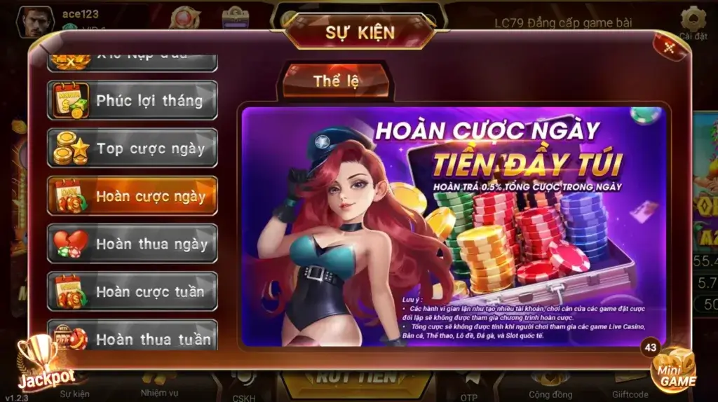 Hoàn Cược Ngày LC79 – hoàn 0,5% tổng cược, trả tự động trước 12h trưa hôm sau