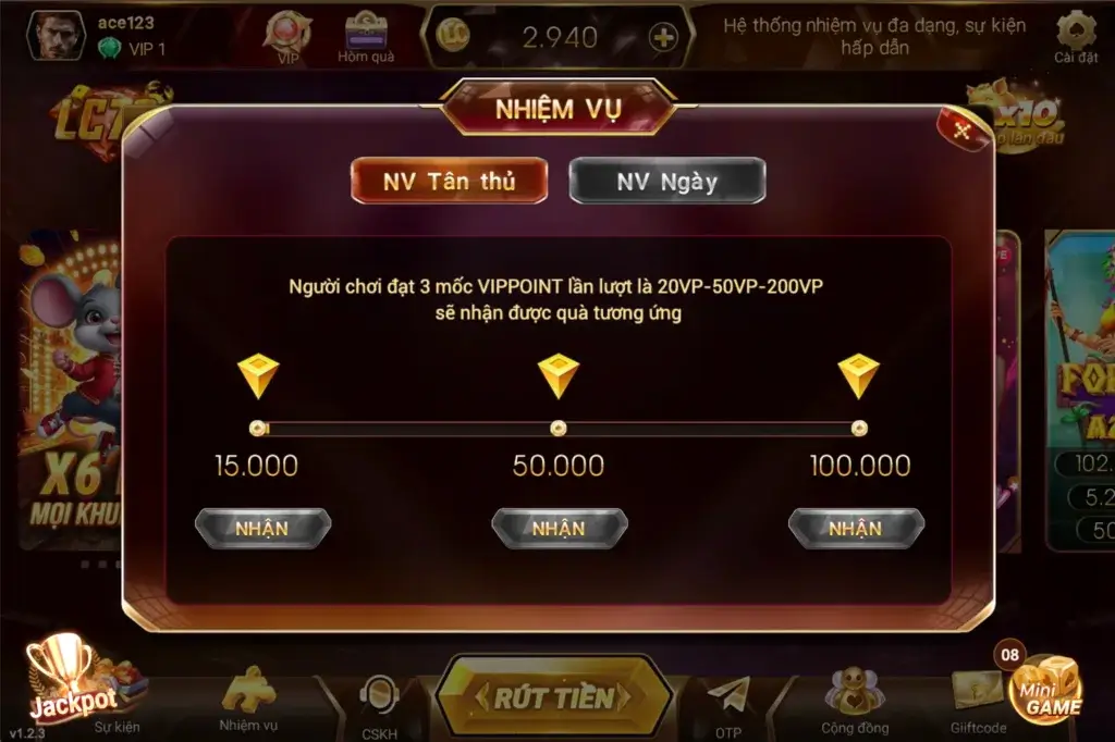 Nhiệm vụ tân thủ LC79 – mốc VIPPOINT 20/50/200 nhận 15.000đ, 50.000đ, 100.000đ; có nút “Nhận” trong mục Nhiệm Vụ.