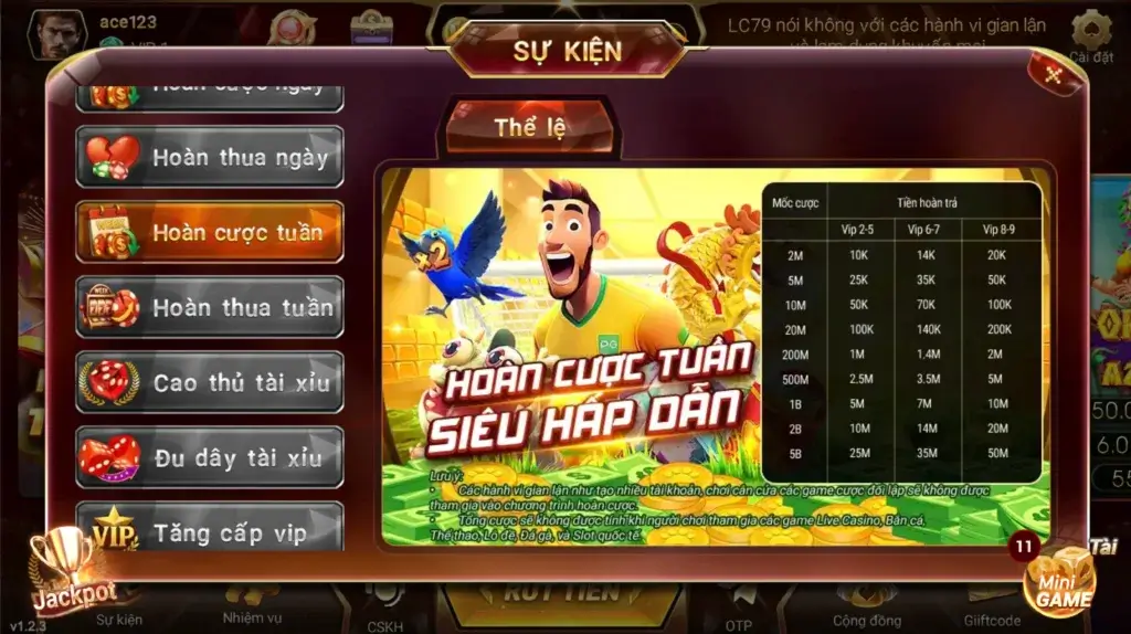 Sự kiện Hoàn Cược Tuần LC79 – bảng mốc tổng cược và mức hoàn cho VIP 2–9 (ảnh chụp màn hình)