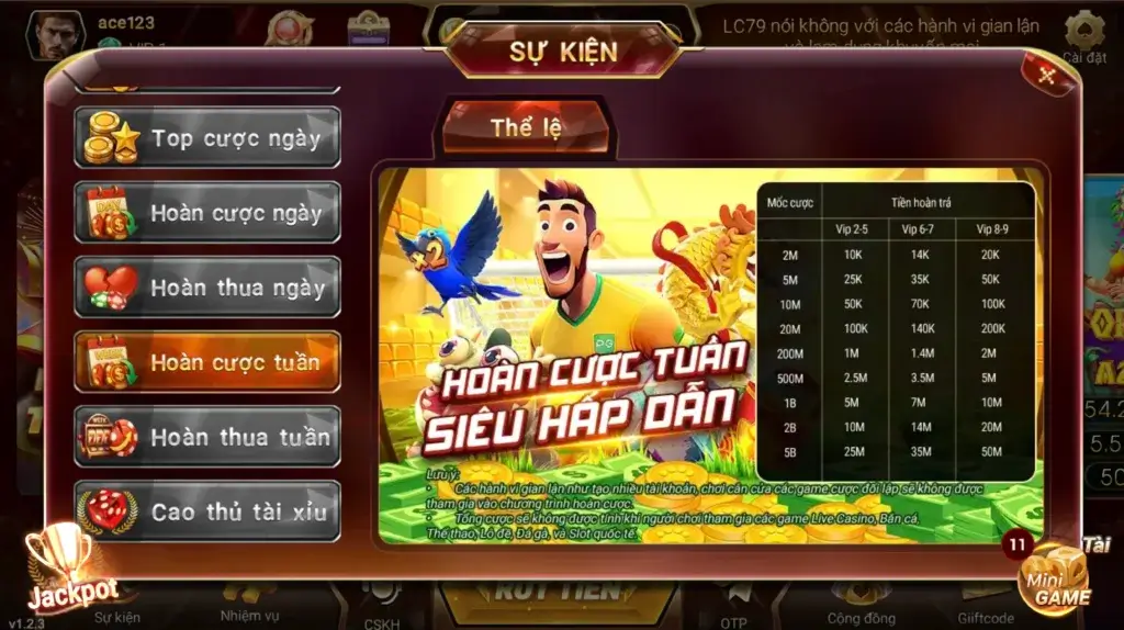 Giao diện sự kiện Hoàn thua tuần LC79 – bảng tỷ lệ hoàn theo cấp VIP trên app LC79