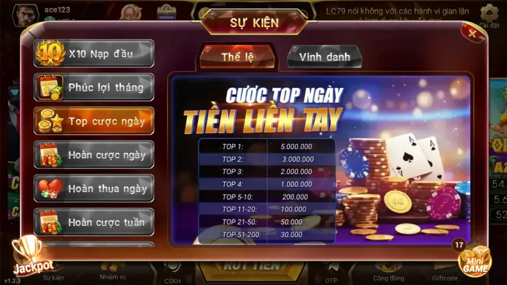 Top cược ngày LC79 – đua top tổng cược, nhận tiền mặt tới 5.000.000đ mỗi ngày