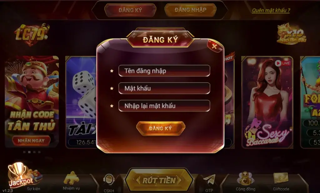 Hướng dẫn tạo tài khoản LC79 – giao diện đăng ký, nhập tên đăng nhập và mật khẩu