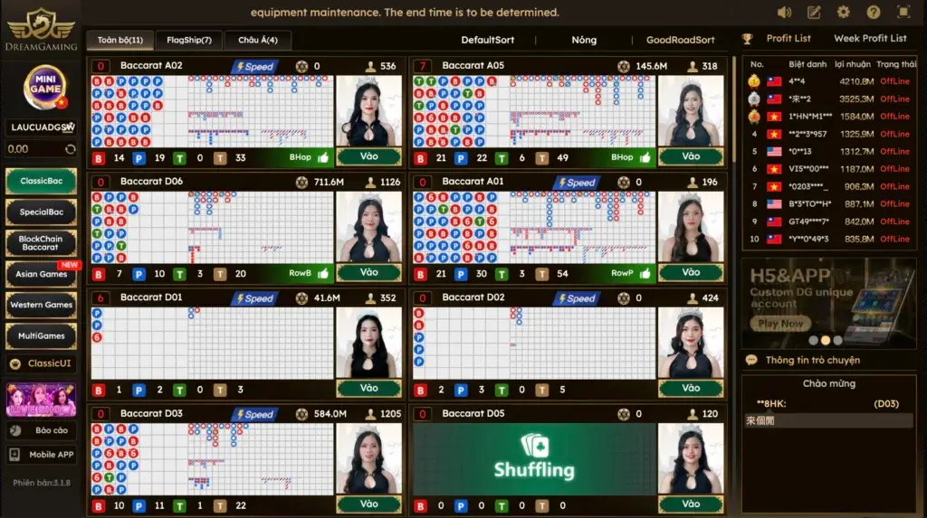 Màn hình sảnh live casino DreamGaming DG tại LC79 với nhiều bàn baccarat cho người chơi lựa chọn