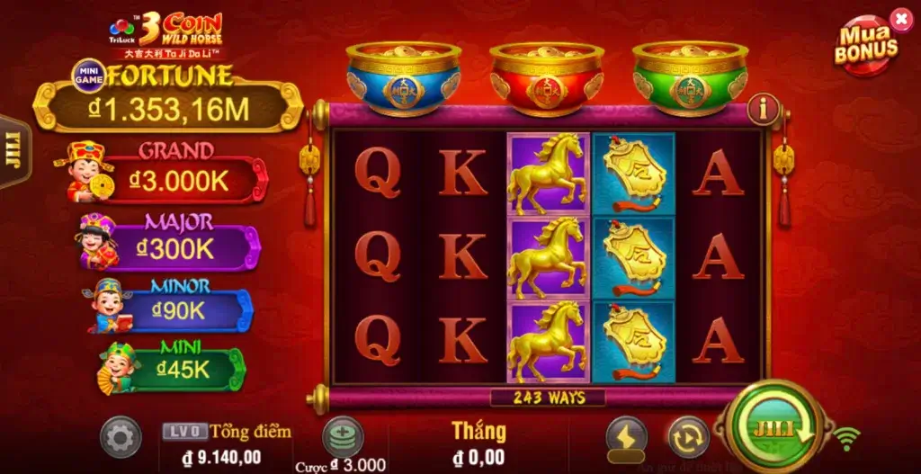 Mẹo chơi slot 3 Coin Wild Horse (JILI) tại LC79