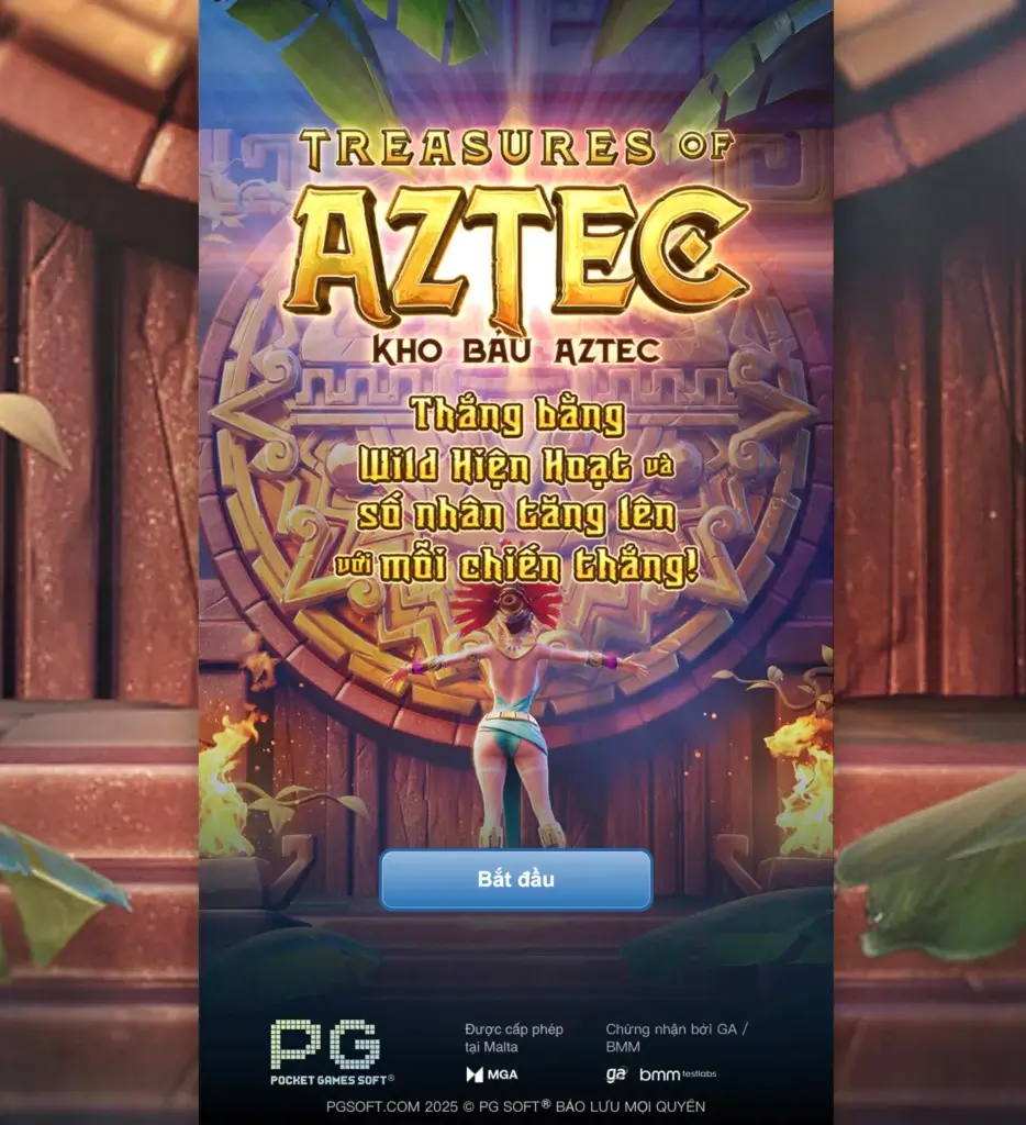 Banner slot Treasures of Aztec (Kho Báu Aztec) của PG tại LC79 với nữ thám hiểm đứng trước cổng đền
