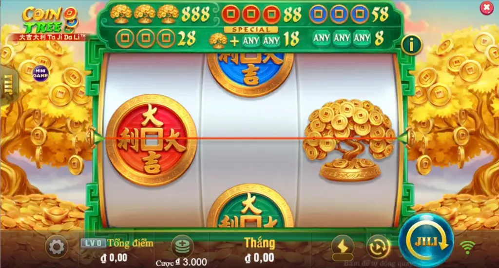Giao diện game slot Coin Tree JILI tại LC79 với biểu tượng đồng xu may mắn và cây tài lộc vàng